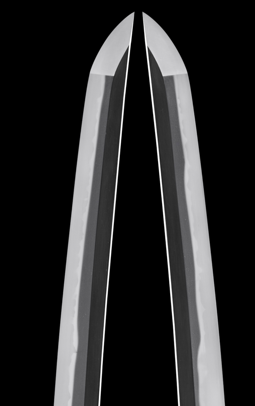 Emura Saku Katana NBTHK Hozon WWII Guntō, close-up of two blades showing nioiguchi hamon detail on polished steel.