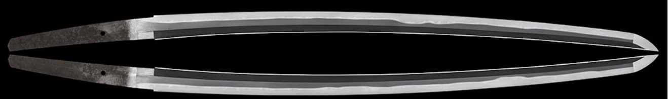 Emura Saku Katana NBTHK Hozon WWII Japanese Army Guntō katana blade, full profile showing hamon and tangs